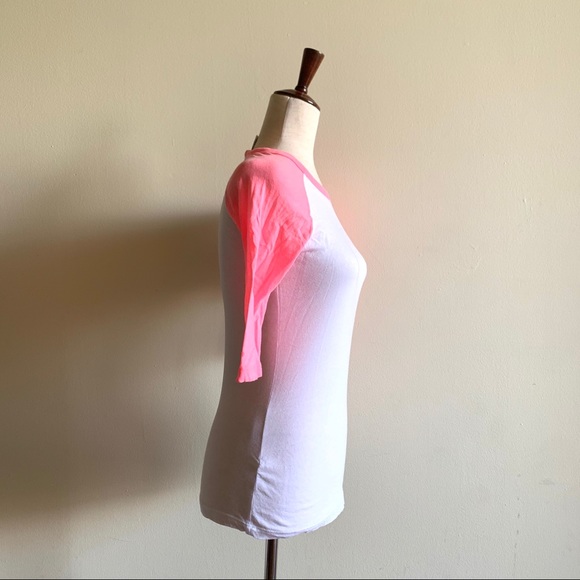 Baseball style t shirt Neon pink and white ringer tee Juniors Medium - Picture 3 of 6